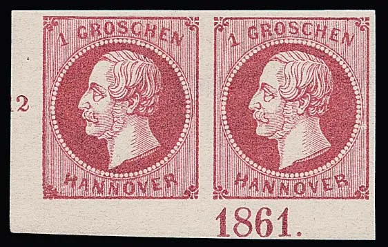 1 Gr. rosa, ungebrauchtes Luxuspaar aus der linken unteren Bogenecke mit Jahreszahl "1861", Fotoexp. Berger
