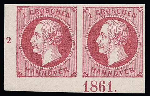 1 Gr. rose, paire de luxe non oblitérée du coin inférieur gauche avec année "1861", photo exp. Berger