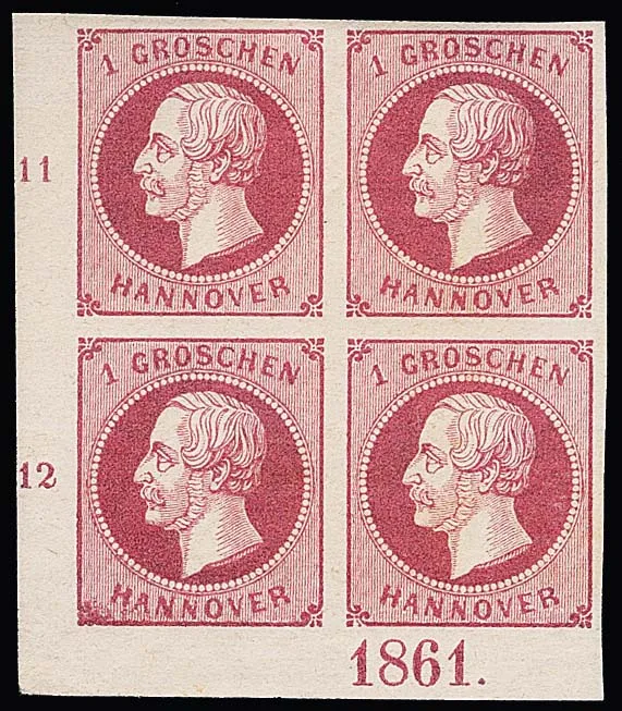 1 Gr. roze in blok van vier uit linkeronderhoek vel, onderste paar postfris met jaartal "1861" in positie I