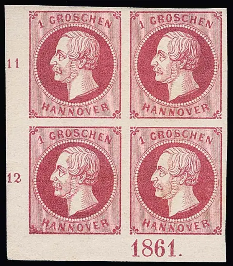 1 Gr. rose en bloc de quatre du coin inférieur gauche, paire inférieure non oblitérée avec année "1861" en position I