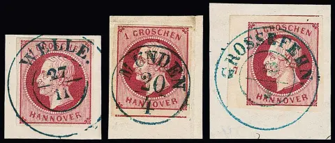 1 Gr. rose, carmin, trois fragments de lettre de cabinet/luxe (K1 idéal "Münden", signé Berger, et du bord avec Rz. "7", K2 "Grossefehn")