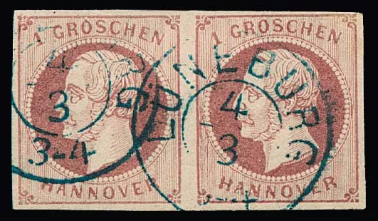 1 Gr. rose, paire horizontale avec K2 "Lüneburg", le timbre de droite (trace de gond) avec la rare erreur de plaque "tache de couleur à gauche" au premier stade, voir photo.