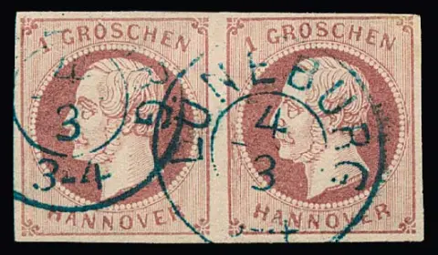 1 Gr. rose, paire horizontale avec K2 "Lüneburg", le timbre de droite (trace de gond) avec la rare erreur de plaque "tache de couleur à gauche" au premier stade, voir photo.
