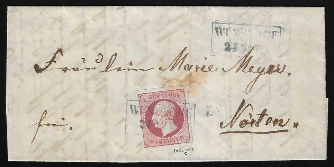 1 Gr. lilarosa auf Prachtbriefchen mit Ra2 "Wunstorf" nach Nörten, sign. Lieberwirth