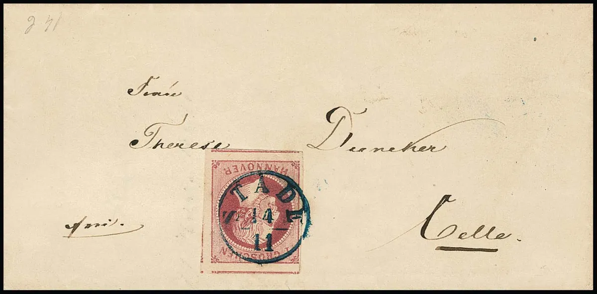 1 Gr. lilarosa, überrandiges Kabinettstück, drei Seiten Nebenmarken (!), auf Faltbriefchen mit K1 "Stade"