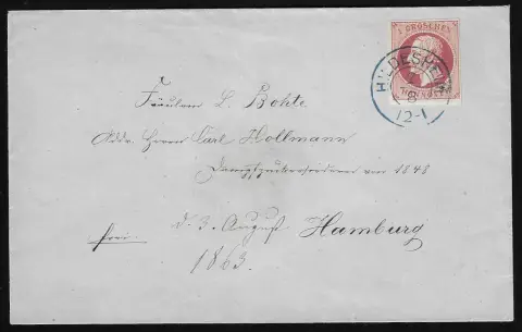 1 Gr. lilas-rouge, impression grossière, sur lettre de cabinet avec K2 "Hildesheim" vers Hambourg