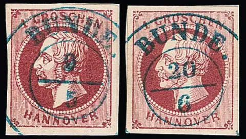 1 Gr. lilas-rouge, impression grossière et fine (de plaque nettoyée), deux pièces de luxe chacune avec K2 centr. "Bunde", signé Berger