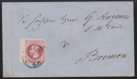 1 Gr. lilas-rose, deux lettres magnifiques avec pièces de bord, à gauche n° de bord "1" (coin supérieur gauche de feuille, min. patine) et "5" (expertise photo Berger)