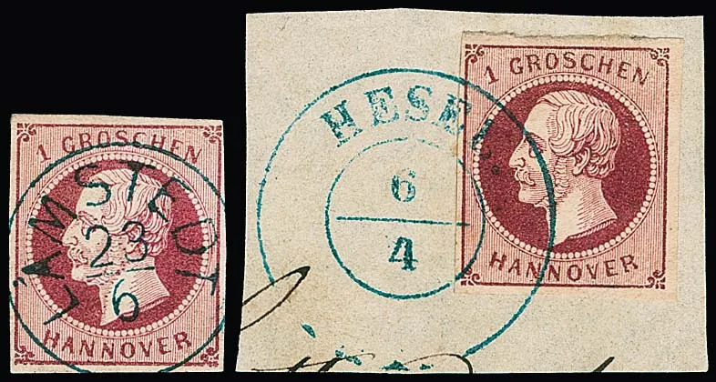 1 Gr. lilas-rouge, pièce de luxe détachée avec obl. K1 centr. "Lamstedt", ainsi que sur fragment de lettre de cabinet avec meilleur K2 "Hesel"