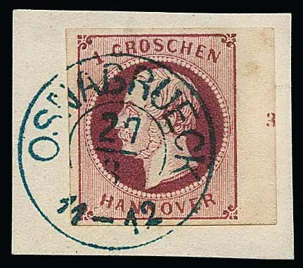 1 Gr. rouge vin, impression grossière, du bord droit de feuille sur fragment de lettre de cabinet avec K2 "Osnabrück", sign. Alcuri