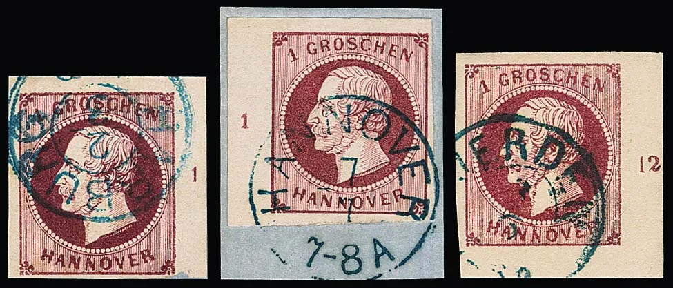 1 Gr. rouge vin, impression grossière, trois coins de feuille de cabinet oblitérés différents : en haut à gauche, en haut à droite et en bas à droite. Deux photoexp. Berger et une fois sign. Pfenninger