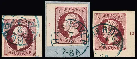 1 Gr. rouge vin, impression grossière, trois coins de feuille de cabinet oblitérés différents : en haut à gauche, en haut à droite et en bas à droite. Deux photoexp. Berger et une fois sign. Pfenninger
