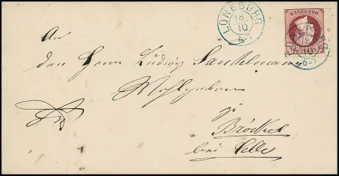1 Gr. rouge vin, impression fine, du bord gauche avec numéro de rangée "5", sur lettre de cabinet avec K2 "Lüneburg"