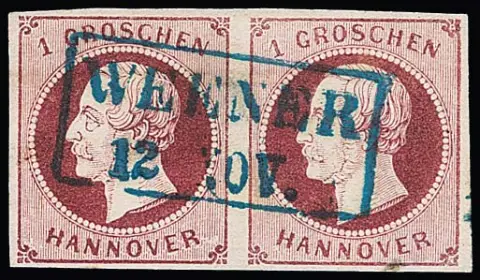 1 Gr. rouge vin, impression fine, paire de cabinet avec Ra2 complet "Weener", Mi. 750,-