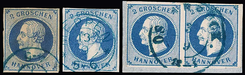 2 Gr. bleu, trois défauts de plaque différents dont "2 courbé" (Beanst.) chacun oblitéré, IV dans une paire sur fragment de lettre de cabinet. Mi. 840,- plus…