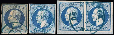 2 Gr. bleu, trois défauts de plaque différents dont "2 courbé" (Beanst.) chacun oblitéré, IV dans une paire sur fragment de lettre de cabinet. Mi. 840,- plus…
