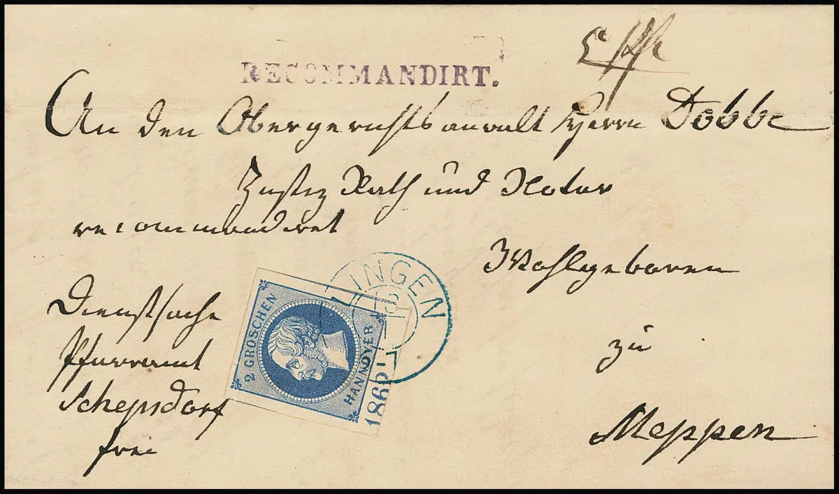 2 Gr. bleu, larges marges du bord inférieur avec année "1862", bord supérieur rugosité ponctuelle, sur lettre recommandée propre de Lingen (K2) à Meppen. Timbres…