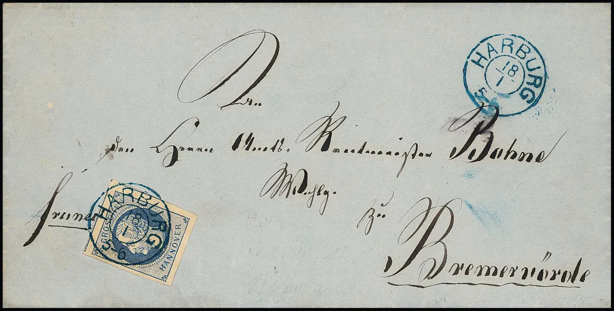 2 Gr. blau, breitrandiges Kabinettstück mit Nebenmarken auf Brief (rs. ein Klappenteil nicht vollständig) mit K2 "Harburg"