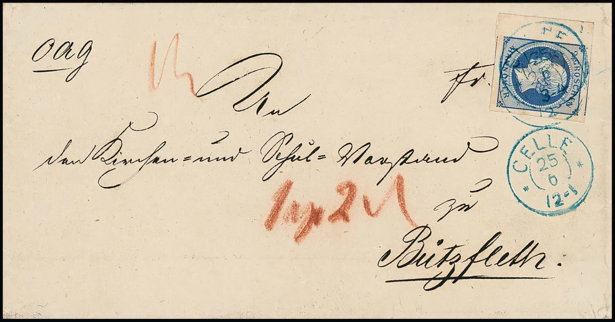 2 Gr. bleu, très large à surbord, à gauche du bord avec numéro de rangée "7", sur lettre de cabinet avec K2 "Celle" pour Bützfleth près de Stade, pour la commande rurale…