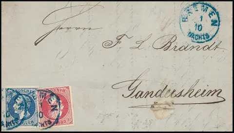 2 Gr. bleu, à gauche encore pleine marge, en affranchissement mixte avec 1 Gr. rose sur lettre magnifique (légèrement raccourcie au verso) avec K1 "Bremen Nachts" du 1.10.