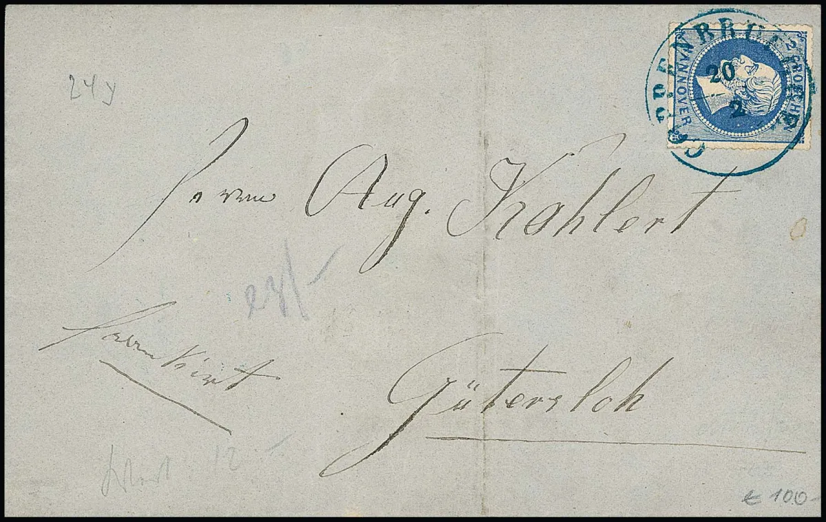 2 Gr. bleu, coupé et perforé, deux lettres de cabinet de même correspondance chacune avec K2 "Coppenbrügge" pour Gütersloh