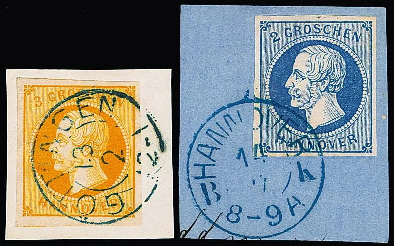 2 Gr. blau und 3 Gr. gelborange, zwei Kabinettbriefstücke mit K2 "Hannover B.K." bzw. "Göttingen", dazu 2 Gr. dunkelblau lose mit Ra2 "Lehrte"