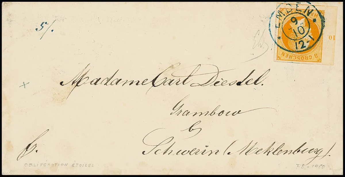 3 Gr. orange avec large bord gauche de feuille et numéro de rangée "10" sur lettre de choix d'origine avec K2 "Emden"