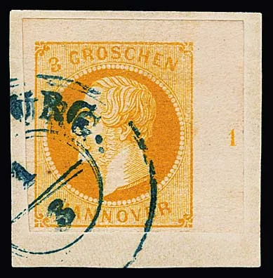 3 Gr. orange, rechte obere Bogenecke mit Reihenzahl "1" auf Prachtbriefstück, sign. Richter