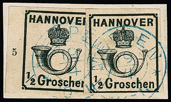 1/2 Gr. noir, bon gomme rose, bord gauche de feuille avec numéro de rangée "5", plus autre timbre, celui-ci touché en bas, sur fragment avec cachet K2 "Meppen", signé Brettl. Mi. 800,- +