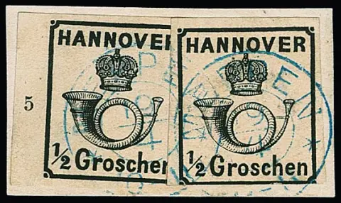 1/2 Gr. zwart, goede roze gom, linker velrand met rijnummer "5", plus andere zegel, deze onderaan geraakt, op fragment met K2 "Meppen", gesigneerd Brettl. Mi. 800,- +