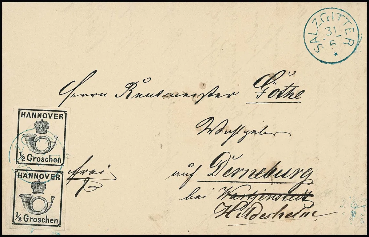 1/2 Gr. zwart, breedgerande verticale paar met duidelijke blauwe K1 "Salzgitter" (onderste zegel met kleine uitgewiste blauwe potloodspoor) op witte brief naar Derneburg, fotocertificaat Jäschke-L. Mi. 1600,-