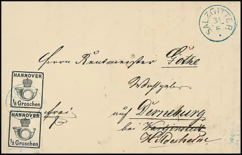 1/2 Gr. zwart, breedgerande verticale paar met duidelijke blauwe K1 "Salzgitter" (onderste zegel met kleine uitgewiste blauwe potloodspoor) op witte brief naar Derneburg, fotocertificaat Jäschke-L. Mi. 1600,-