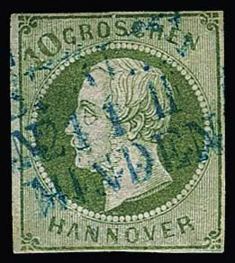 10 Gr. grün, gut gerandet, kleine Hinterlegung rückseitig und Spalt, sonst gut, mit seltener Entwertung durch preußischen Bahnpost-L3 "Berlin-Minden", Attest…