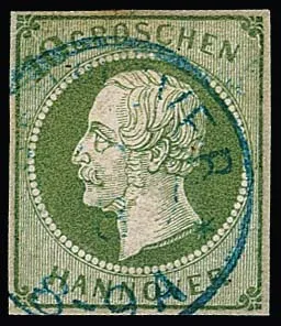 10 Gr. vert, exemplaire réparé mais authentiquement oblitéré avec K2 de Hanovre, photo-expertise Berger. Mi. 1700,-