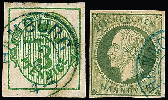 10 Gr. vert, 3 Pfge. vert, faux Sperati, le premier type B, le second signé manuscritement par lui