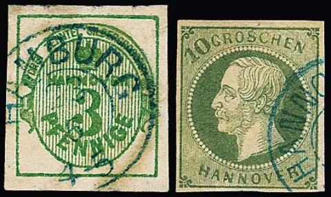10 Gr. groen, 3 Pfge. groen, Sperati-vervalsingen, eerste type B, laatste door hem handschriftelijk gesigneerd