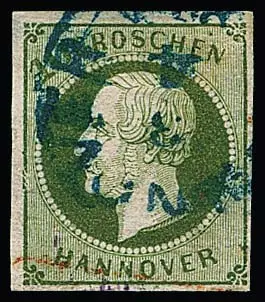 10 Gr. groen, de zeldzame plaatfout "randlijn links gebroken" duidelijk gestempeld "Hannover" en deel van een rode transitstempel. Rechts een piepkleine…