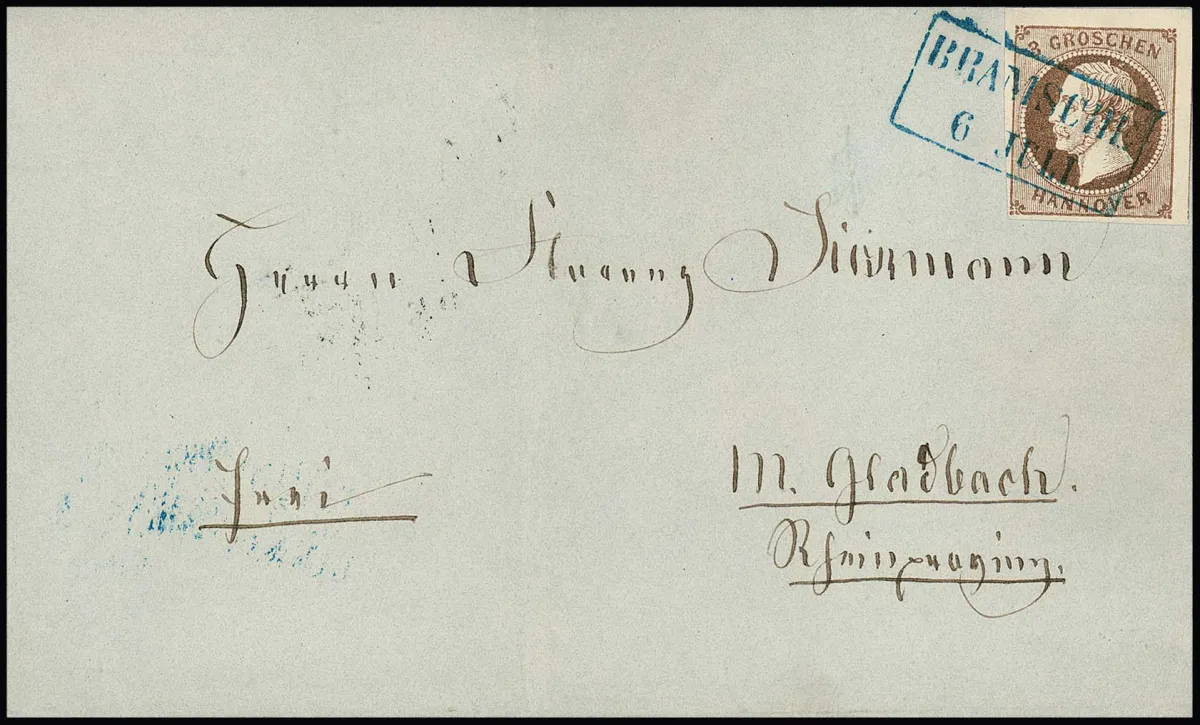 3 Gr. brun avec variété de plaque "mèche de cheveux décollée" sur lettre de cabinet de Bramsche (Ra2) à Mönchengladbach, certificat Berger