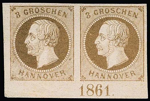 3 Gr. světle hnědá, postfrisch dvojice z levého dolního rohu archu (v okraji min. rohová ohyb) s plným letopočtem "1861", podpis Kruschel a další