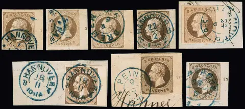 3 Gr. (licht)bruin, acht verschillende gestempelde rechterrandstukken met de rijnummers "1", "2", "4" (foto-expertise Berger), "5", "8", "9", "11" en "12"