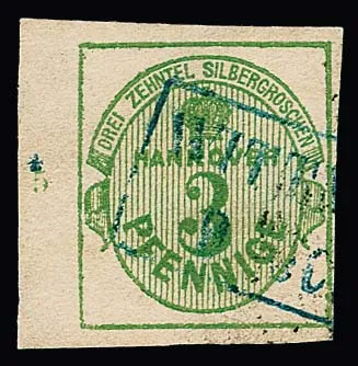 3 Pfg. vert, bord gauche de feuille avec numéro de rangée "5", encore pleine à large marge et avec Ra2 bleu clair "Wittmund" (légère trace de charnière et un peu rugueux), attestation photo Jäschke-L.