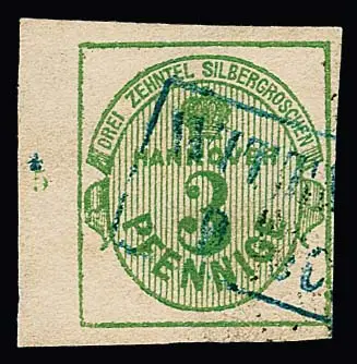 3 Pfg. vert, bord gauche de feuille avec numéro de rangée "5", encore pleine à large marge et avec Ra2 bleu clair "Wittmund" (légère trace de charnière et un peu rugueux), attestation photo Jäschke-L.