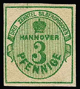 3 Pfge. vert, pièce de choix non oblitérée avec gomme d'origine presque complète, petite tache claire uniquement dans la marge extérieure, Mi. 450,-