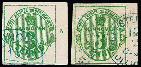 3 Pfge. vert, deux rares marges droites avec numéros de rangée "5" et "10", nettement oblitérées, malgré des restrictions qualitatives (un timbre avec certificat Eichele impeccable) décoratif. Mi. 2400,- +