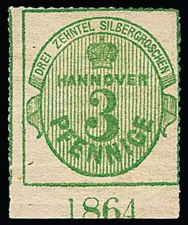 3 Pfge. vert, gomme blanche (quelque peu écaillée à un endroit), bas de feuille non oblitéré avec année "1864"