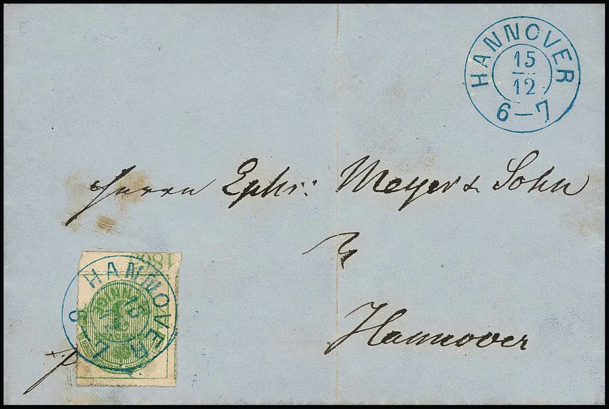 3 Pfge. vert jaune, gomme blanche, avec bord inférieur et année "1865" (rare) sur lettre locale (légères traces comme pli central) avec K2 "Hannover"
