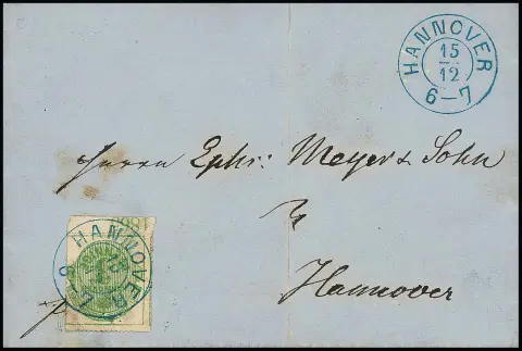 3 Pfge. vert jaune, gomme blanche, avec bord inférieur et année "1865" (rare) sur lettre locale (légères traces comme pli central) avec K2 "Hannover"