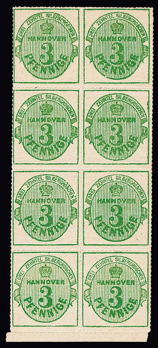 3 Pfg. vert, gomme blanche, bloc de huit vertical de cabinet du bord inférieur, quatre timbres neufs avec charnière, signé Bühler