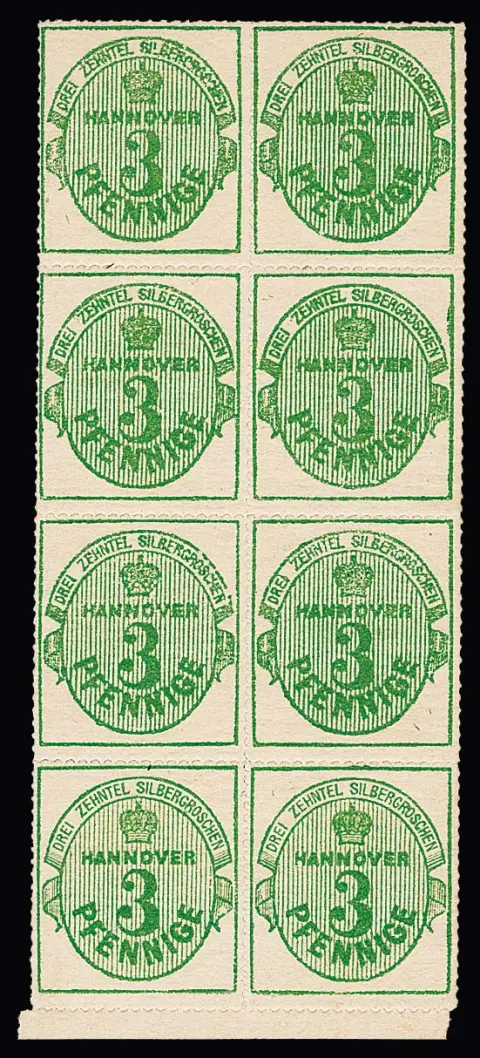 3 Pfg. vert, gomme blanche, bloc de huit vertical de cabinet du bord inférieur, quatre timbres neufs avec charnière, signé Bühler