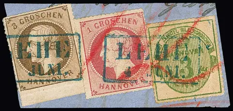 3 Pfge. vert, 1 Gr. rose et 3 Gr. brun ocre du bord inférieur (en haut à droite petite coupure de ciseaux) sur fragment de lettre d'un courrier étranger avec Ra2 "Lehe" et rouge